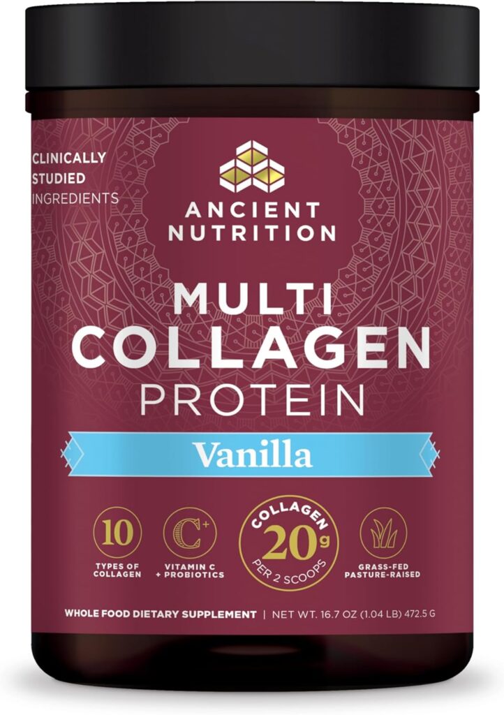 This image is of a black plastic container with a maroon label. On the label, in white text, "ancient nutrition, multi collagen protein" and in a blue ribbon across the bottom, "Vanilla"