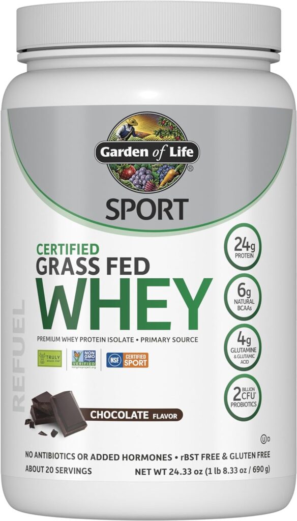 This image is of a white plastic tub with a lid. Green and black writing that says "Certified Grass fed Whey" Garden of Life Sport.