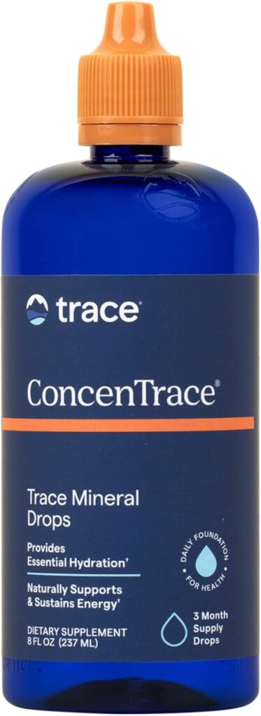 This image is of a blue tube of liquid with an orange lid. On the label is the brand "trace" and "ConcenTrace, trace mineral drops"