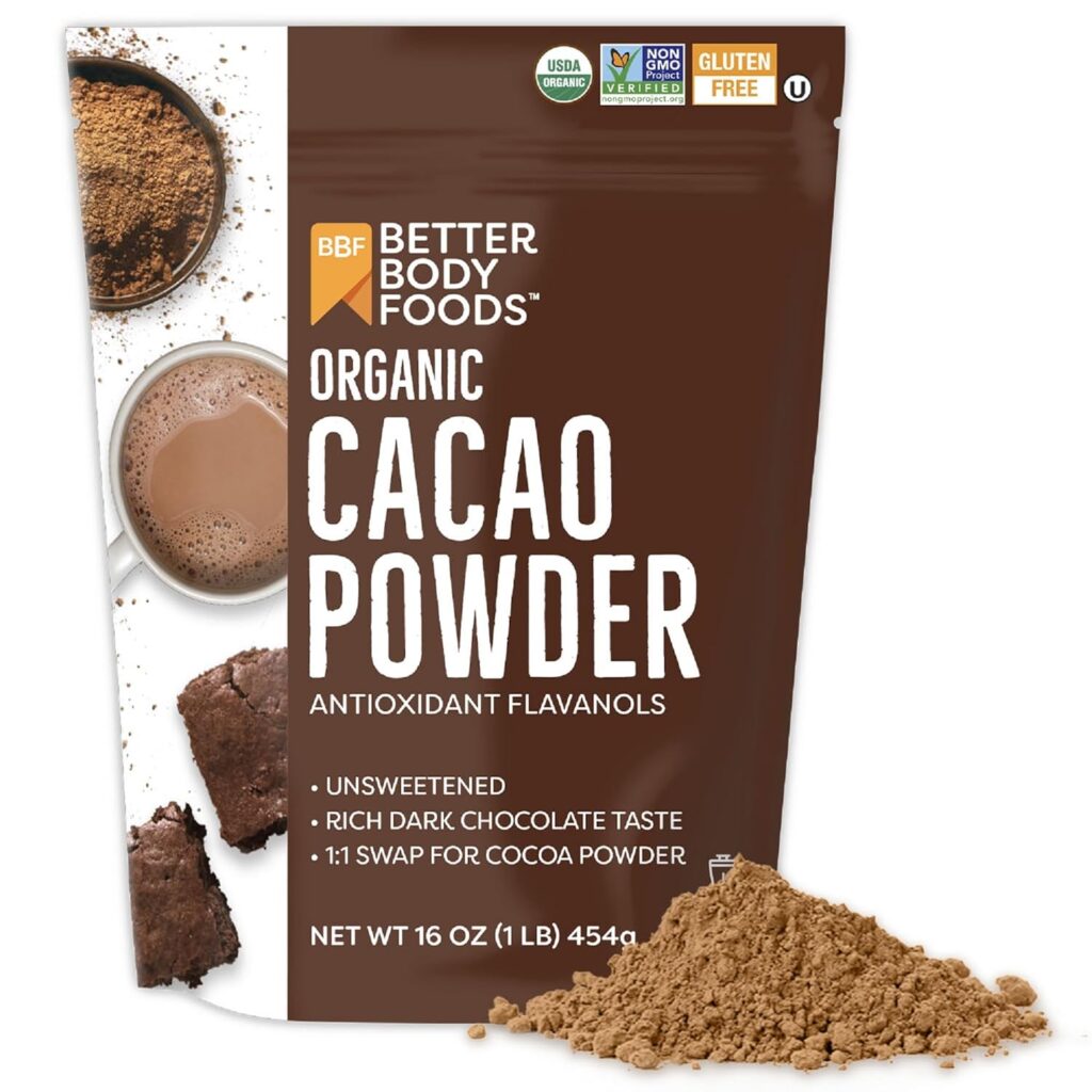 This image is of  a bag of cacao powder. It is brown on the right side with white writing and white on the lft side with images of things made with chocolate.