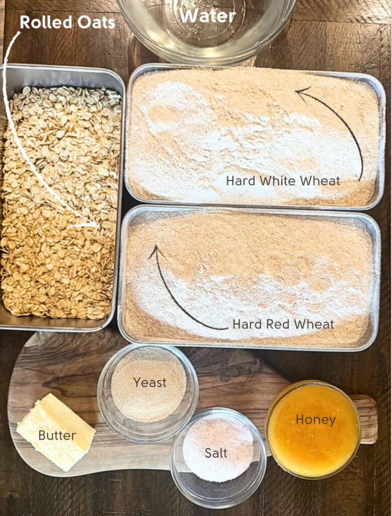 Ingredients in dishes for honey oat wheat bread