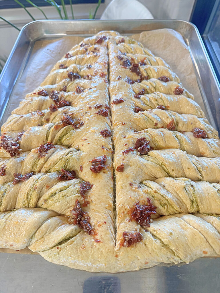 Raw dough for a christmas tree pesto bread.
