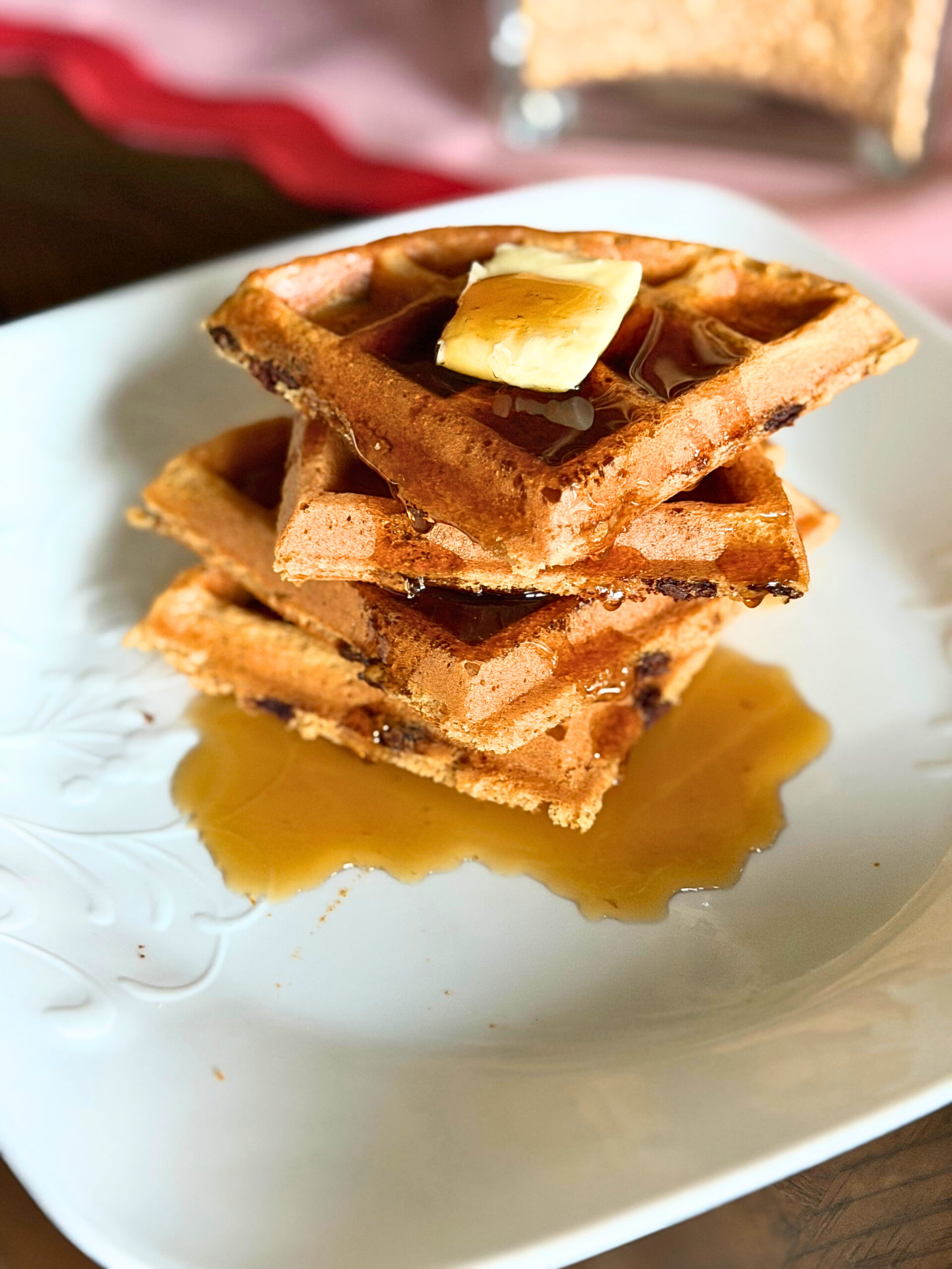 Waffle made with fresh milled flour stacked and side view