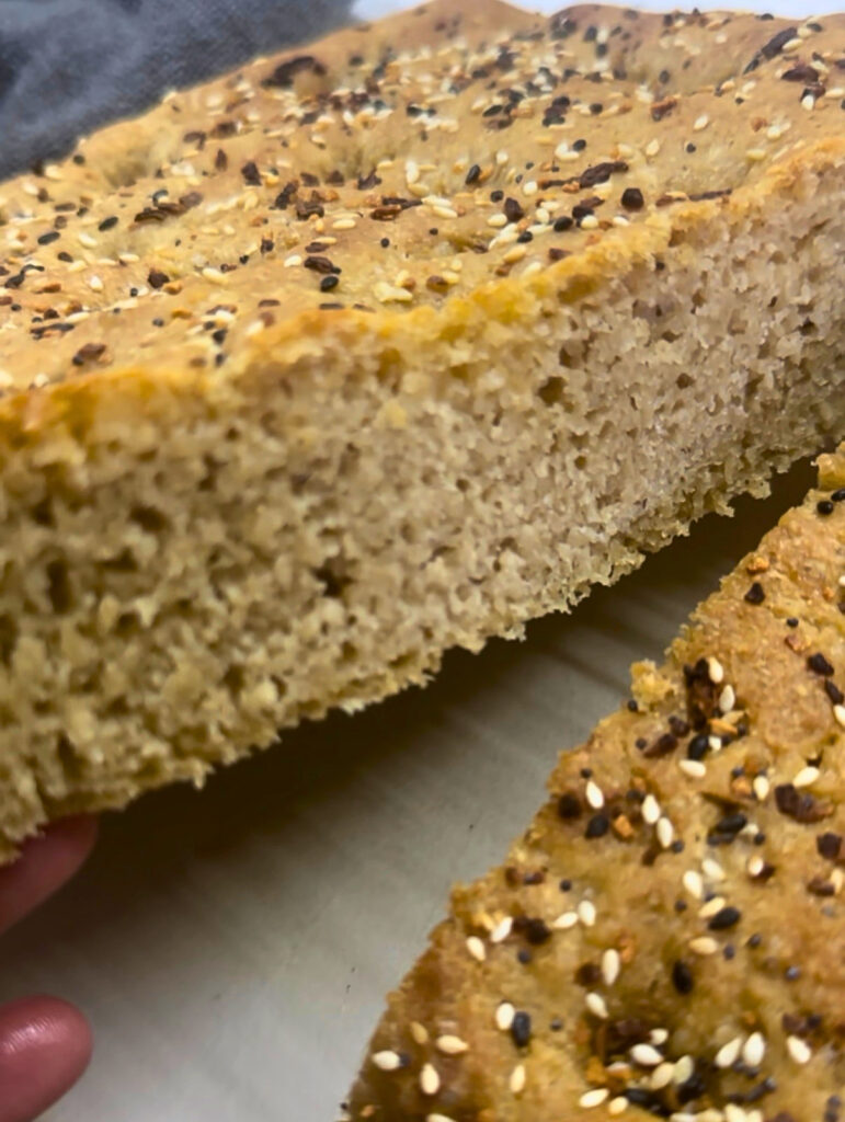 Focaccia bread topped with everything bagel seasoning
