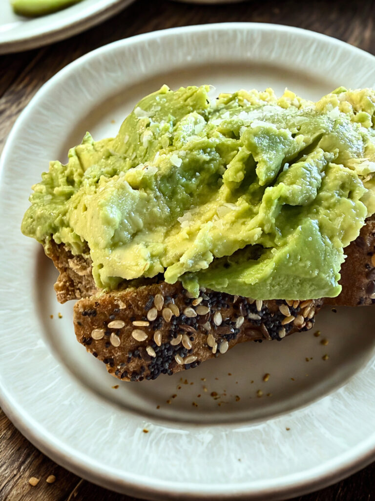 Spelt no knead bread made into avocado toast
