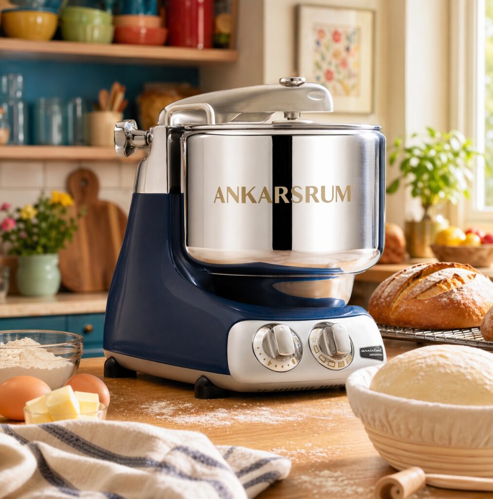 This image is of the Ankarsrum Mixer on the counter surrounded by flour, bread and ingredients.